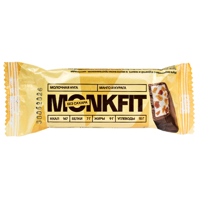 Батончик MONKFIT глазированный Молочная Нуга-Манго и Курага 40 г 1/20 Батончик MONKFIT глазированный Молочная Нуга-Манго и Курага 40 г 1/20