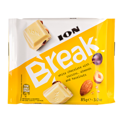 шоколад BREAK White with raisins, almonds and hazelnuts 85 г 1/12