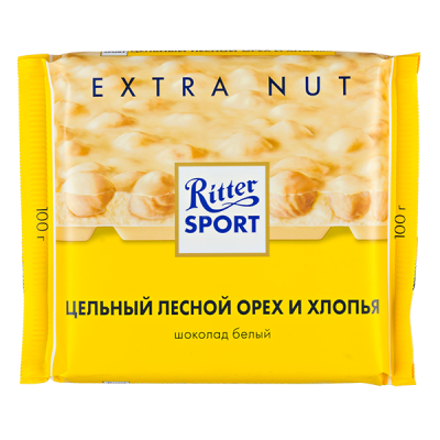 шоколад Риттер Спорт Цельный Лесной Орех и Хлопья Белый 100 г 1/10