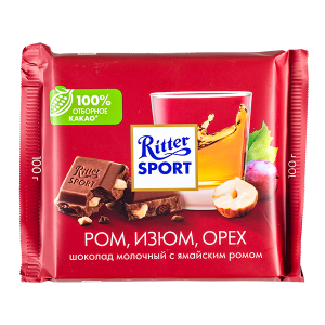 шоколад Риттер Спорт Ром, Изюм, Орех 100 г 1/12